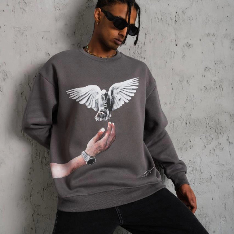 Güvercin Baskılı Sweatshirt - Gri