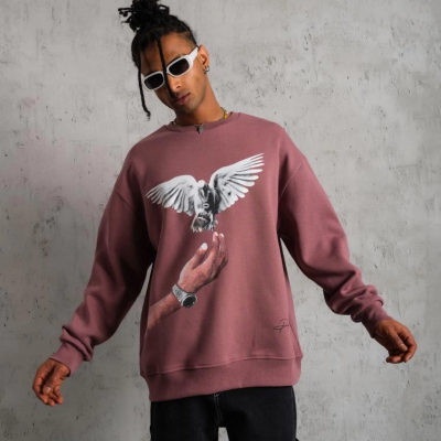 Güvercin Baskılı Sweatshirt - Gül Kurusu