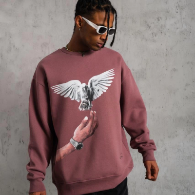 Güvercin Baskılı Sweatshirt - Gül Kurusu