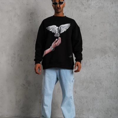 Güvercin Baskılı Sweatshirt - Siyah -