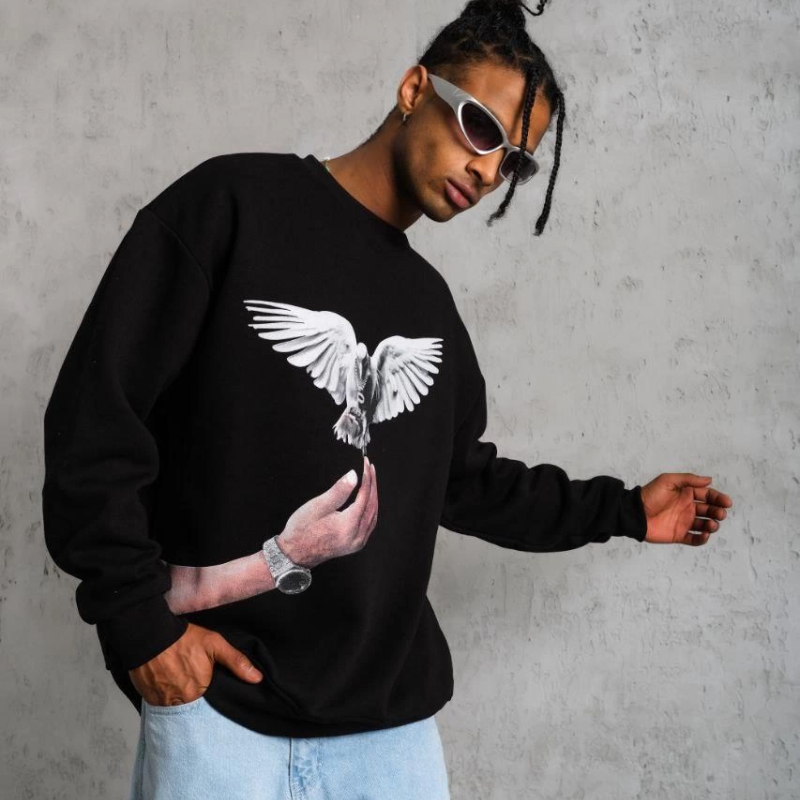 Güvercin Baskılı Sweatshirt - Siyah -