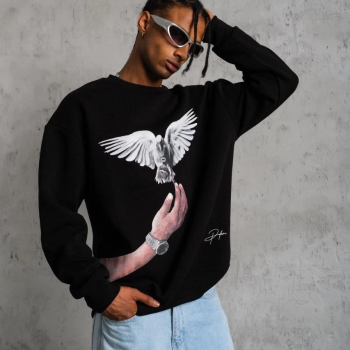 Güvercin Baskılı Sweatshirt - Siyah -