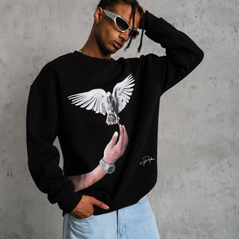 Güvercin Baskılı Sweatshirt - Siyah -