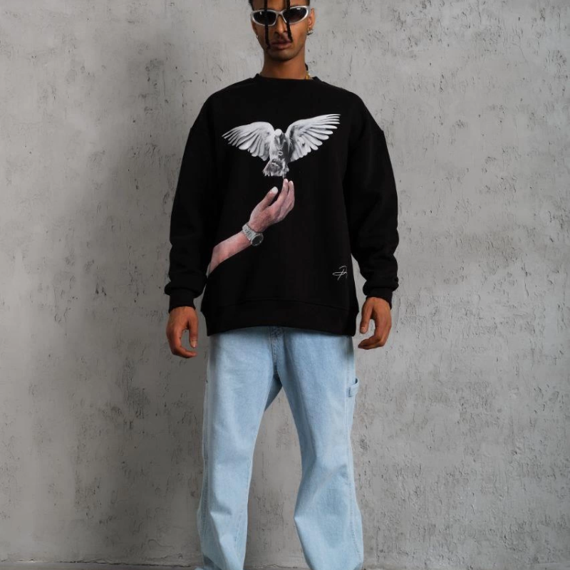 Güvercin Baskılı Sweatshirt - Siyah -