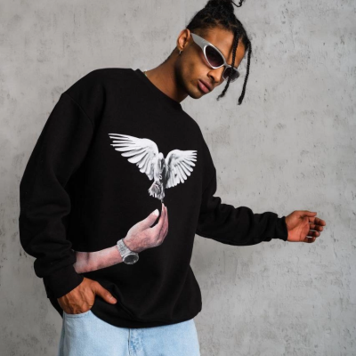 Güvercin Baskılı Sweatshirt - Siyah -