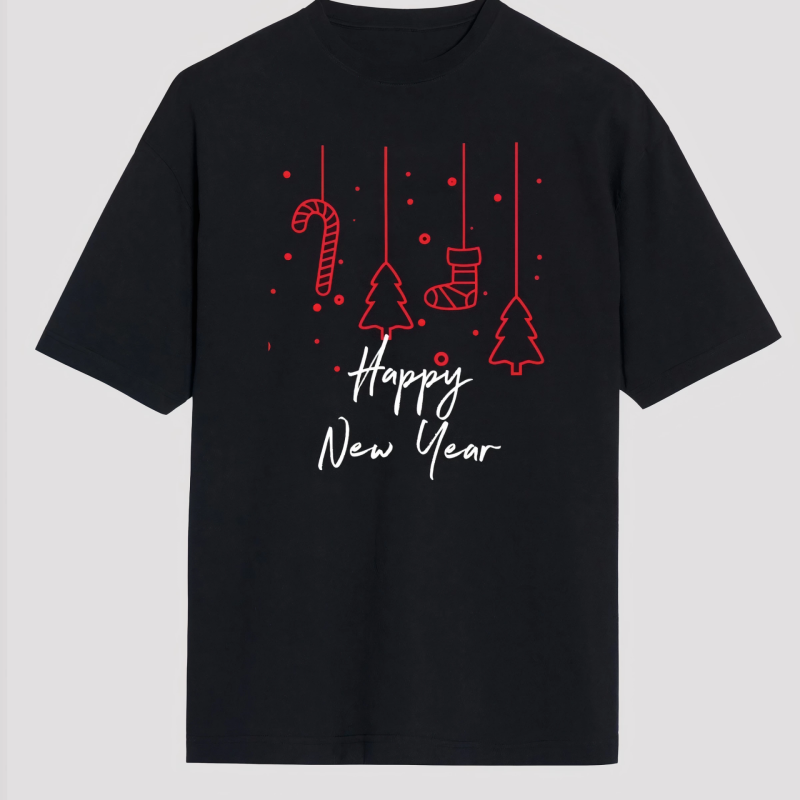 Happy New Year Baskılı T-shirt - Siyah -