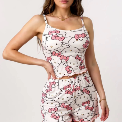 Hello Kitty Baskılı Askılı Şortlu Pijama Takımı Pembe