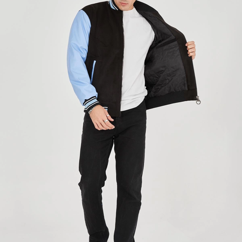 İçten Elyaf ve Astarlı Kolları Suni Deri Ceket - Mavi -