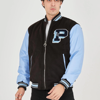 İçten Elyaf ve Astarlı Kolları Suni Deri Ceket - Mavi -