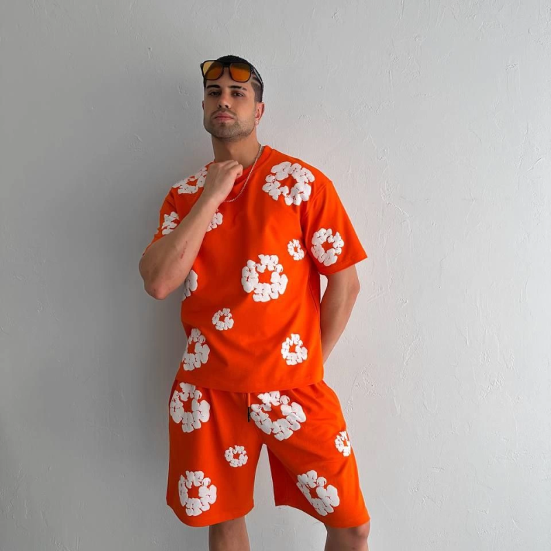 İki İplik Kumaş Baskılı T-shirt Şortlu Takım- Turuncu -