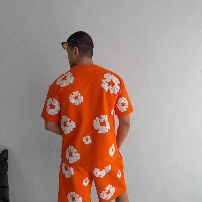 İki İplik Kumaş Baskılı T-shirt Şortlu Takım- Turuncu -
