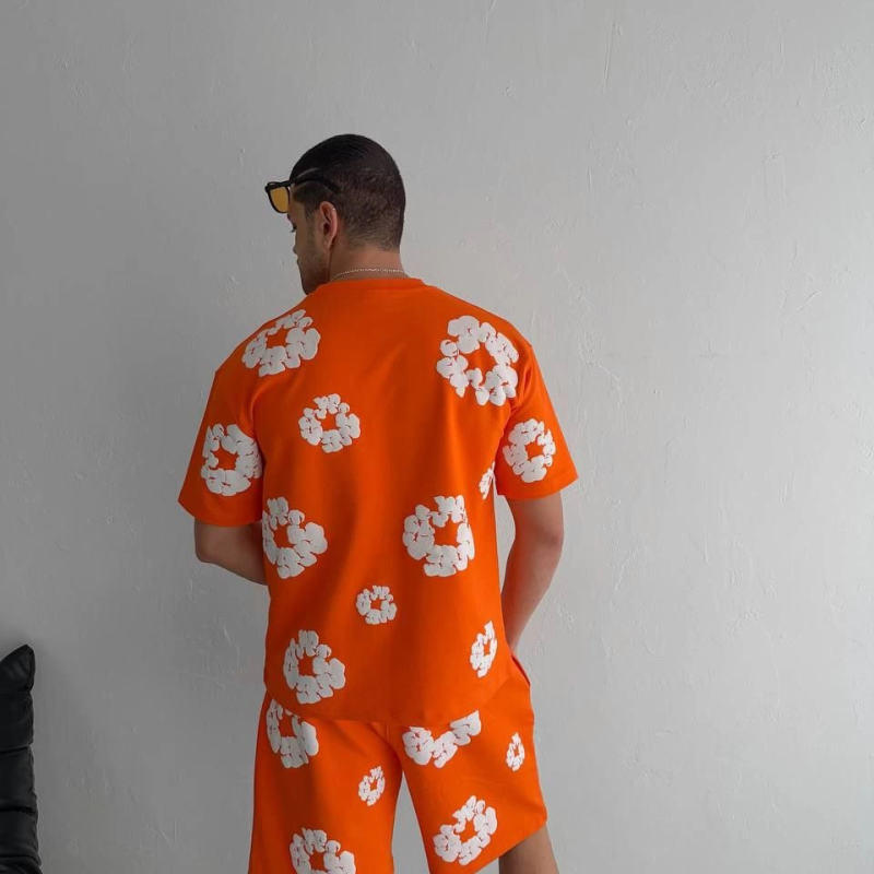 İki İplik Kumaş Baskılı T-shirt Şortlu Takım- Turuncu -