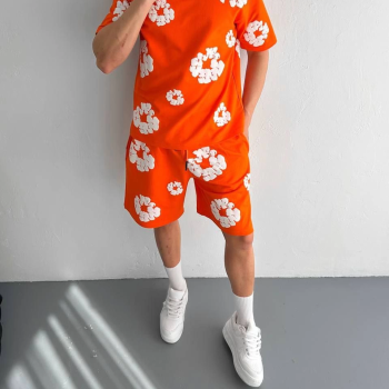 İki İplik Kumaş Baskılı T-shirt Şortlu Takım- Turuncu -