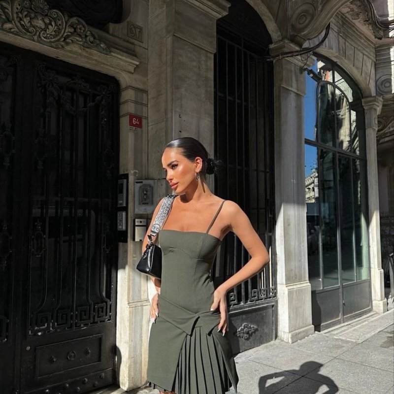 İki Parçalı Pileli Askılı   Mini Elbise - Haki -