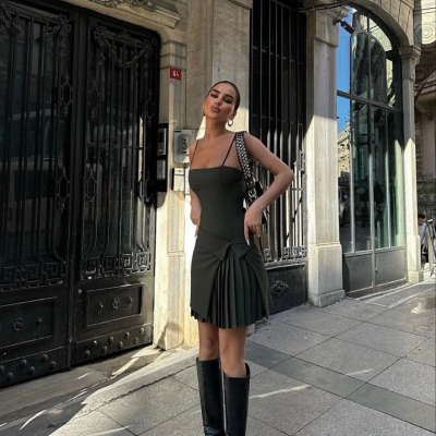 İki Parçalı Pileli Askılı   Mini Elbise - Haki -