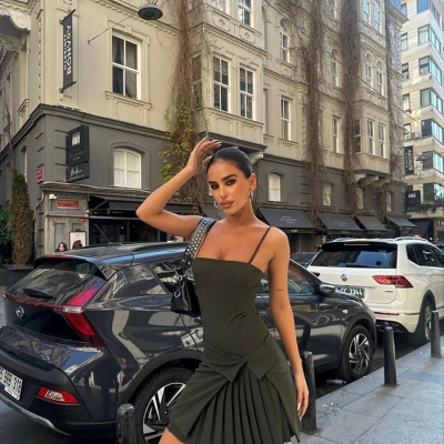 İki Parçalı Pileli Askılı   Mini Elbise - Haki -