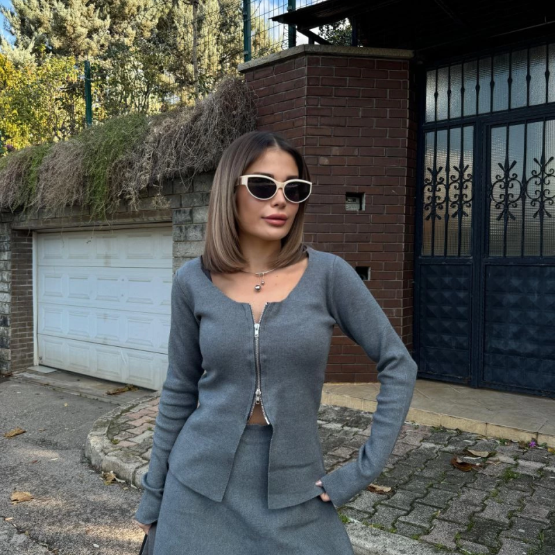 İkili Fermuarlı Hırkalı Etekli Takım - Füme -