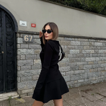 İkili Fermuarlı Hırkalı Etekli Takım - Siyah -