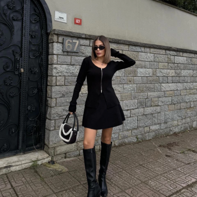 İkili Fermuarlı Hırkalı Etekli Takım - Siyah -