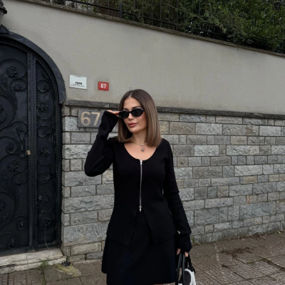 İkili Fermuarlı Hırkalı Etekli Takım - Siyah -