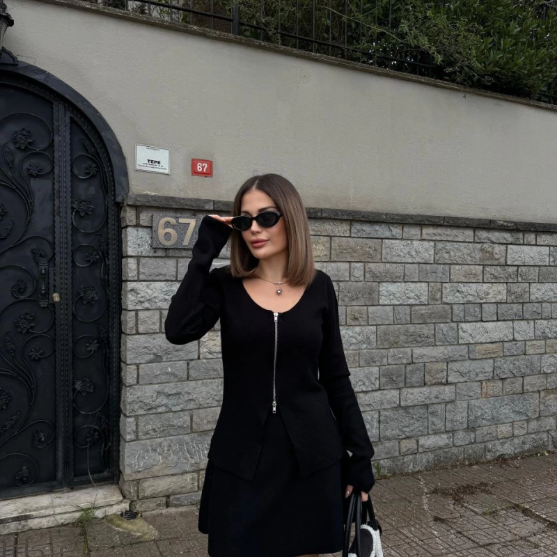 İkili Fermuarlı Hırkalı Etekli Takım - Siyah -