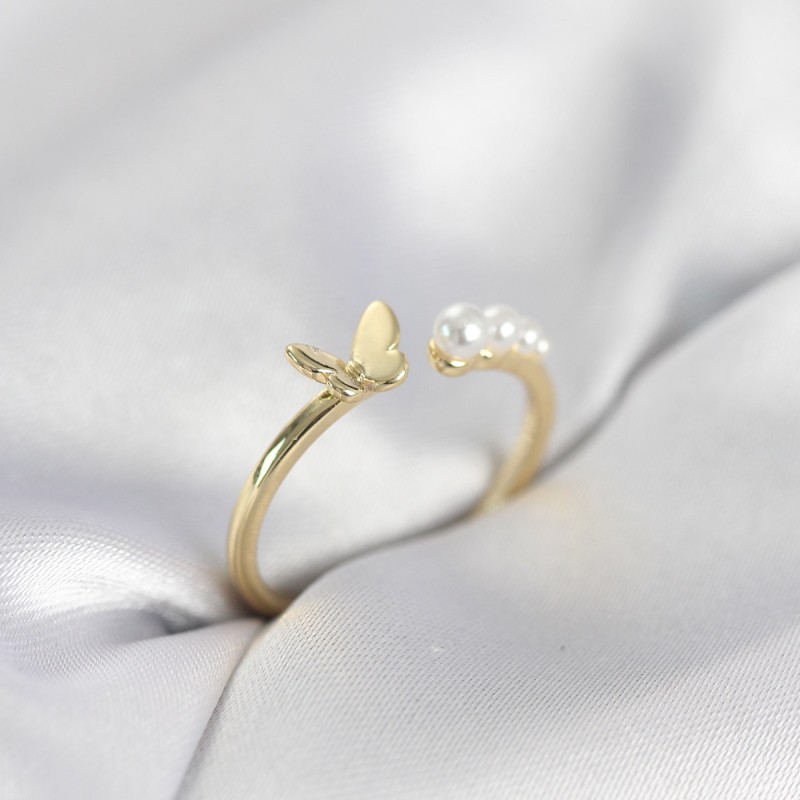 İncili Kelebek Model Gold Renk Pirinç Kadın Yüzük