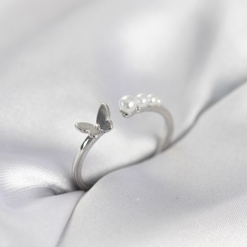 İncili Kelebek Model Gümüş Renk Pirinç Kadın Yüzük