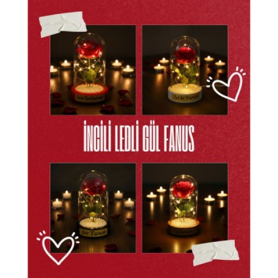 İncili Ledli Gül Fanus 