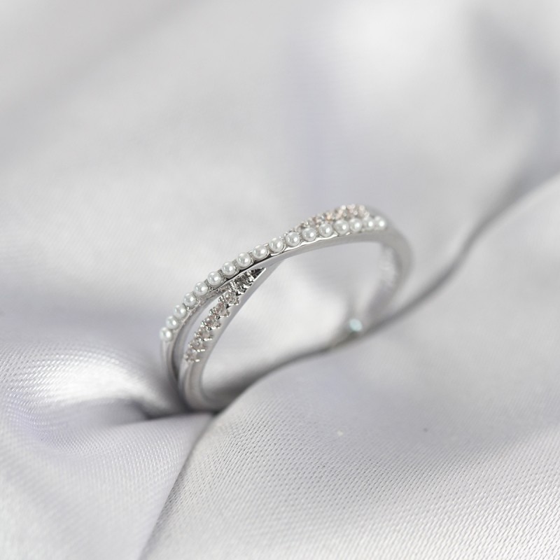 İncili ve Zirkon Taşlı Gümüş Renk Kadın Yüzük