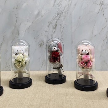 Işıklı Müzikli Fanus içinde Sevimli Ayıcıklı Gül Buketi 