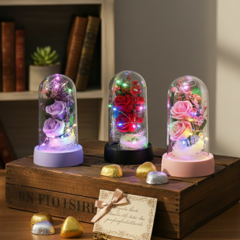 Işıklı Müzikli Romantik Fanus Tekli Gül 