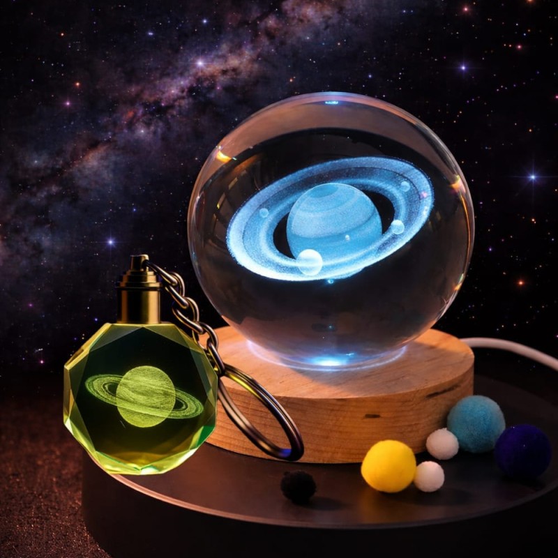 Işıklı Satürn Gezegen Tasarımlı Cam Küre Ve Kristal Anahtarlık Hediye Seti 