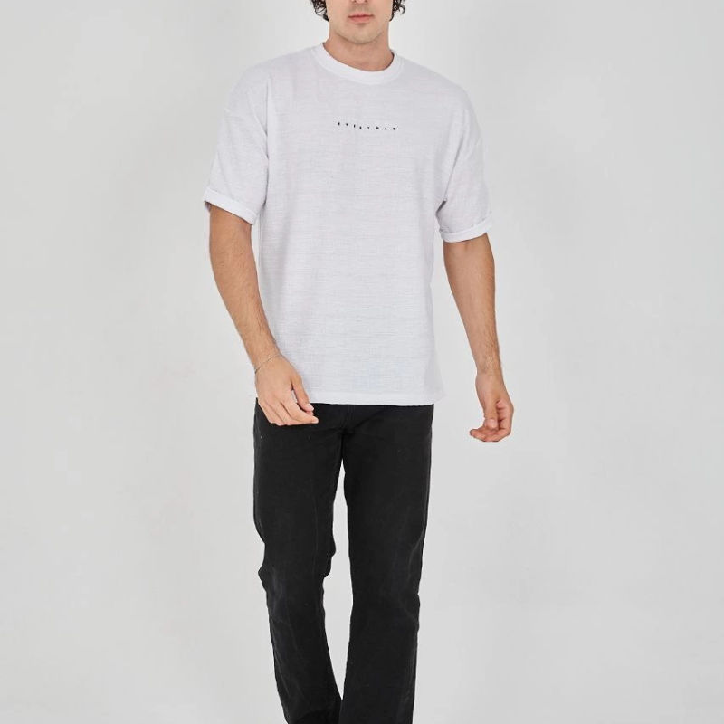 Jakar Kumaş Rahat Kol T-Shirt - Beyaz -