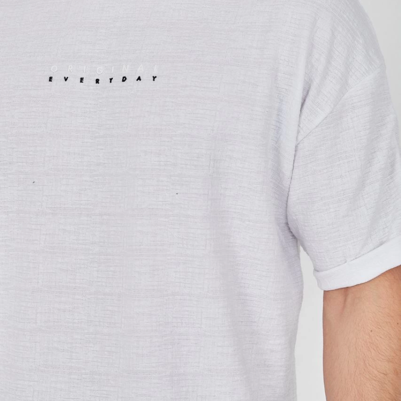 Jakar Kumaş Rahat Kol T-Shirt - Beyaz -