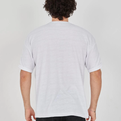 Jakar Kumaş Rahat Kol T-Shirt - Beyaz -