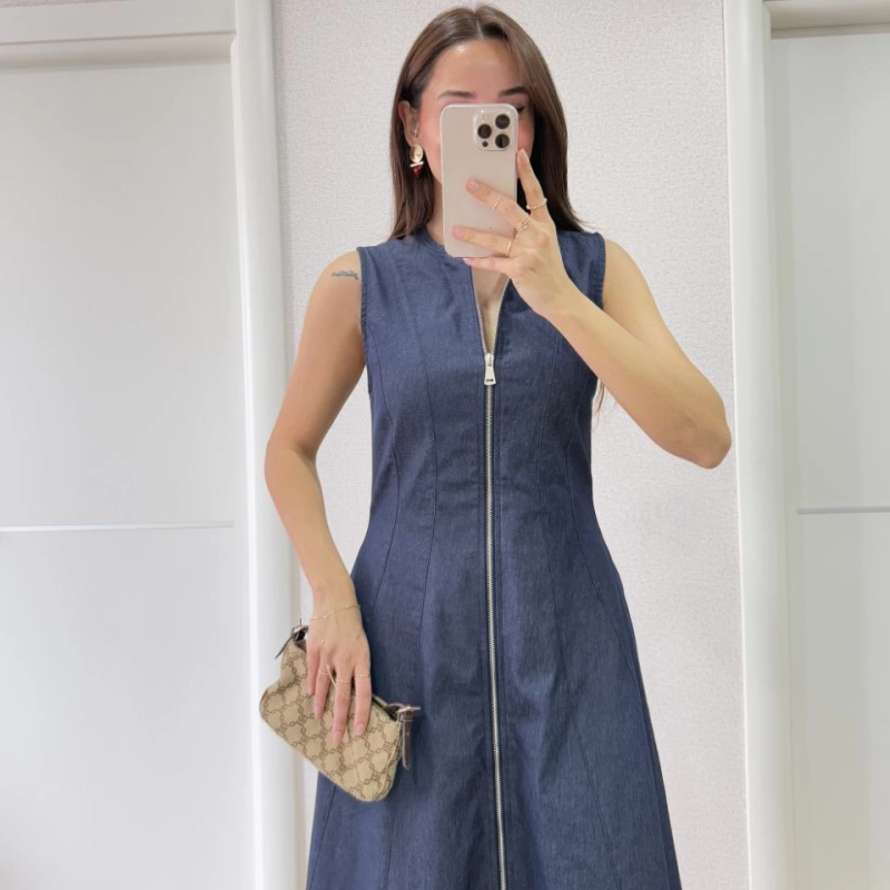 Jeans Kot Önü Tam Fermuarlı   Uzun Elbise - Mavi