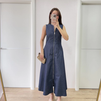 Jeans Kot Önü Tam Fermuarlı   Uzun Elbise - Mavi