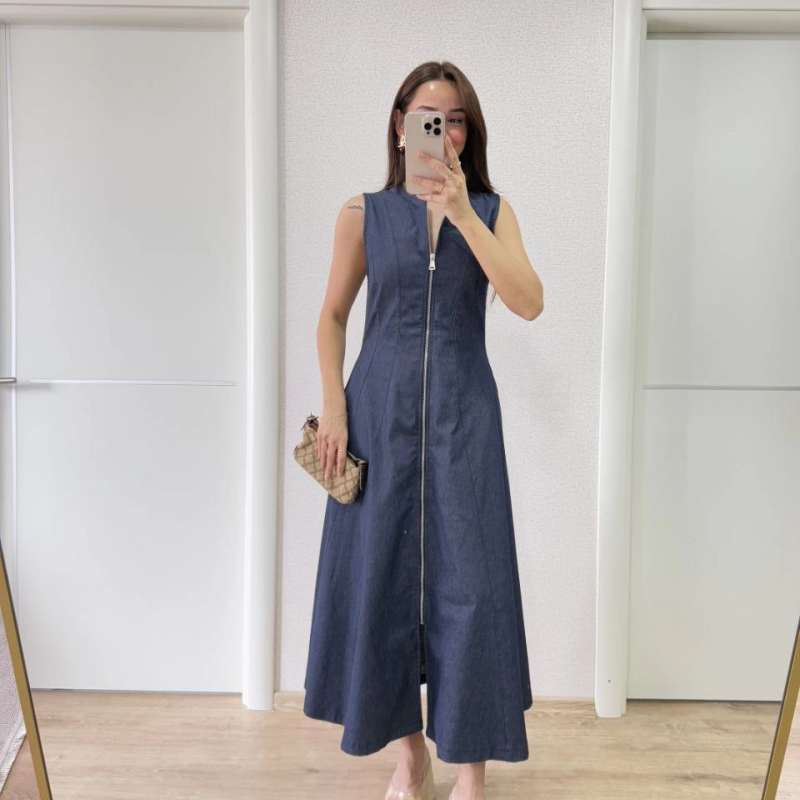 Jeans Kot Önü Tam Fermuarlı   Uzun Elbise - Mavi