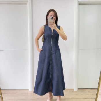 Jeans Kot Önü Tam Fermuarlı   Uzun Elbise - Mavi