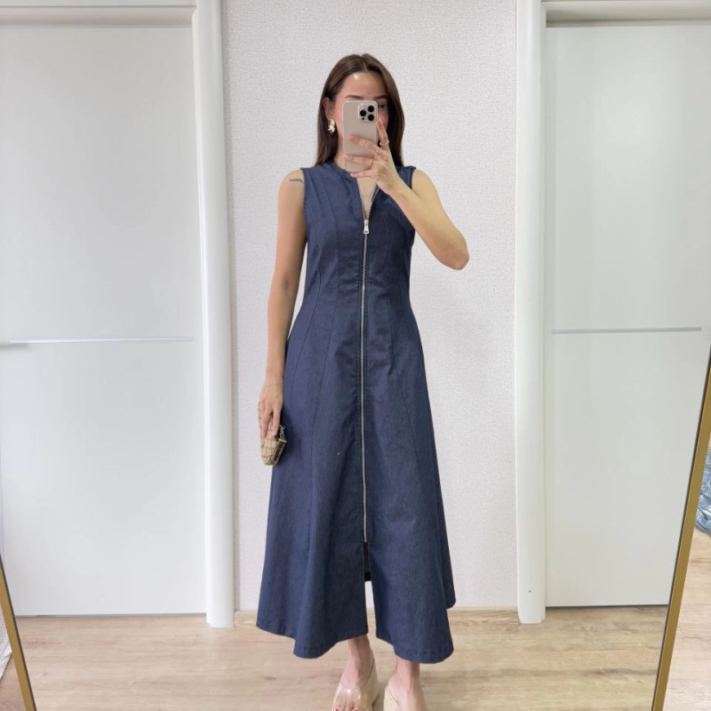 Jeans Kot Önü Tam Fermuarlı   Uzun Elbise - Mavi