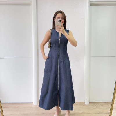 Jeans Kot Önü Tam Fermuarlı   Uzun Elbise - Mavi