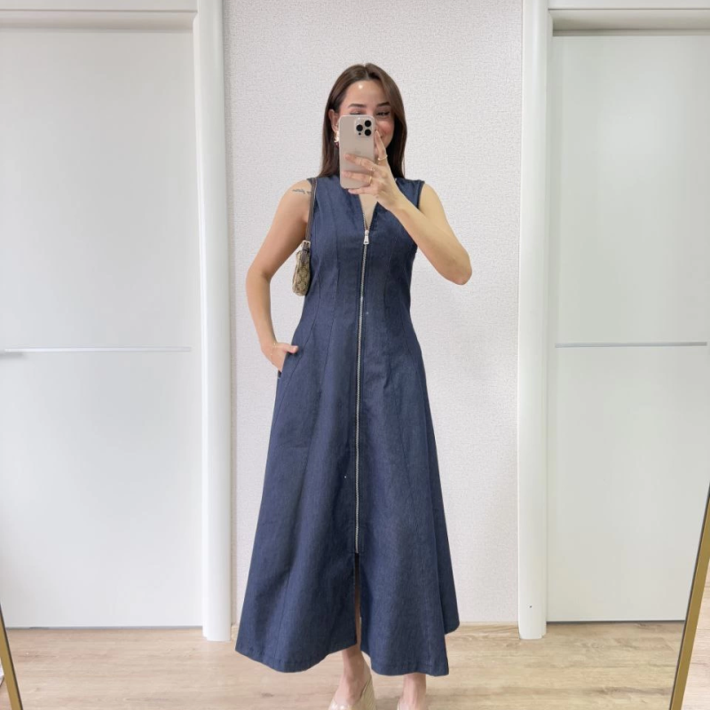 Jeans Kot Önü Tam Fermuarlı   Uzun Elbise - Mavi