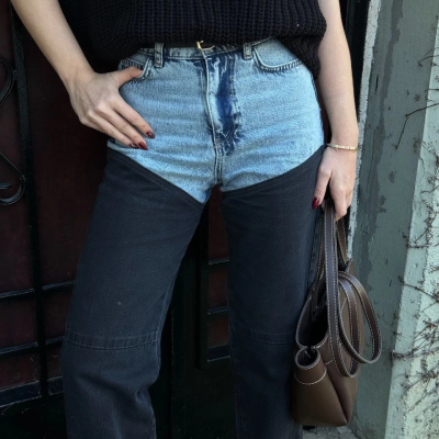 Jeans Kot Parçalı Palazzo Pantolon - Siyah -