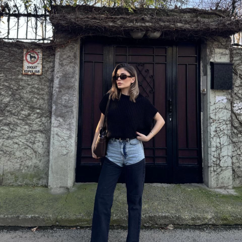 Jeans Kot Parçalı Palazzo Pantolon - Siyah -