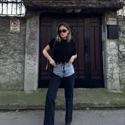 Jeans Kot Parçalı Palazzo Pantolon - Siyah -