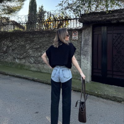 Jeans Kot Parçalı Palazzo Pantolon - Siyah -