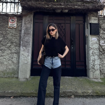 Jeans Kot Parçalı Palazzo Pantolon - Siyah -