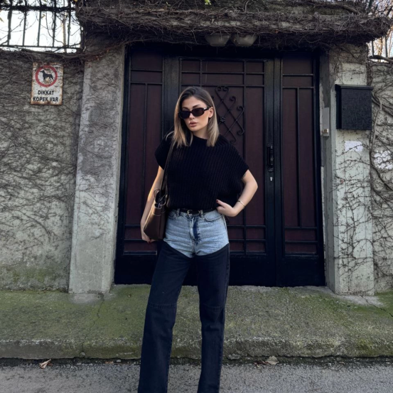 Jeans Kot Parçalı Palazzo Pantolon - Siyah -