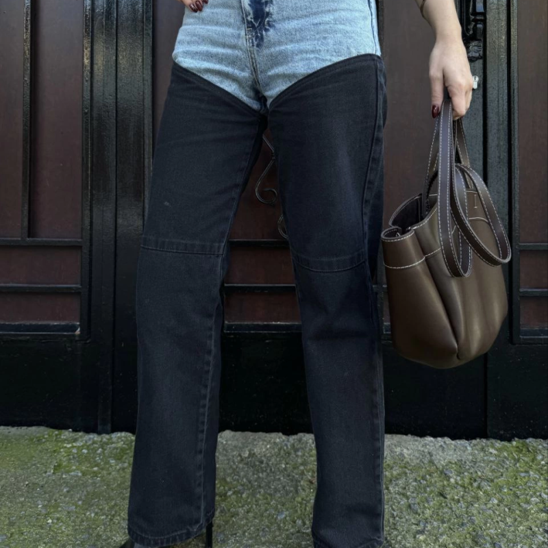 Jeans Kot Parçalı Palazzo Pantolon - Siyah -