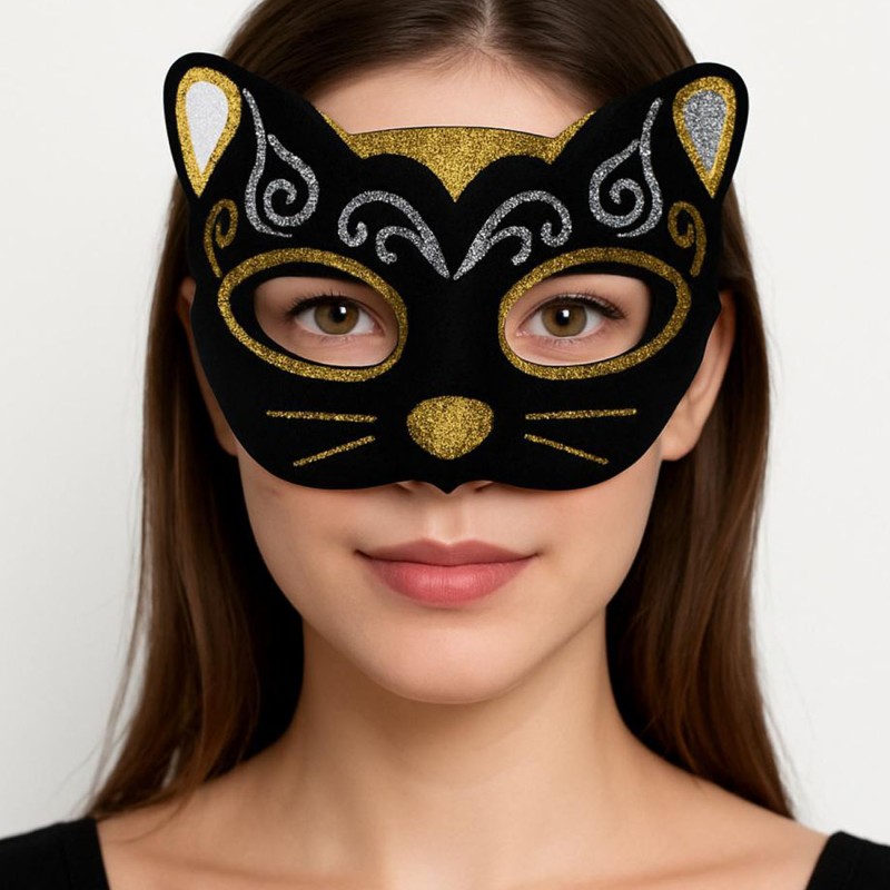 Kadife Dokulu Simli Kedi Maskesi Altın Gümüş Detaylı 